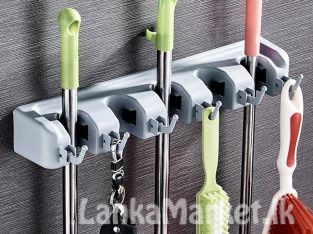 Broom Holder & Hanger / Mop Holder & Hanger with Hooks – 5 Slots & Hooks – Wall mounted