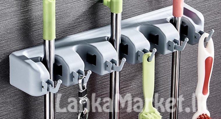 Broom Holder & Hanger / Mop Holder & Hanger with Hooks – 5 Slots & Hooks – Wall mounted