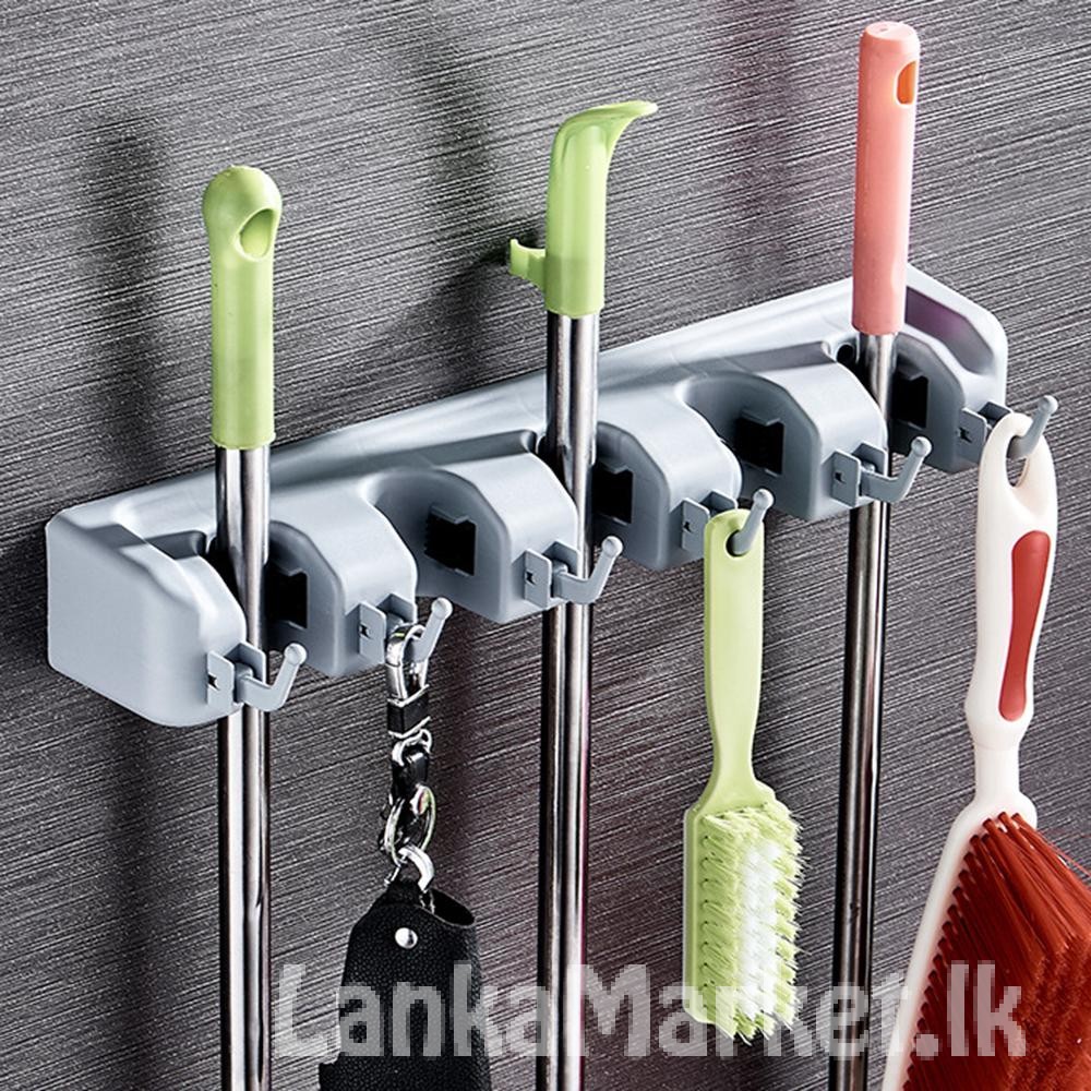 Broom organizer with Hanger & hooks / Mop Organizer with Hanger & hooks – 5 Slots & Hooks – Wall mounted