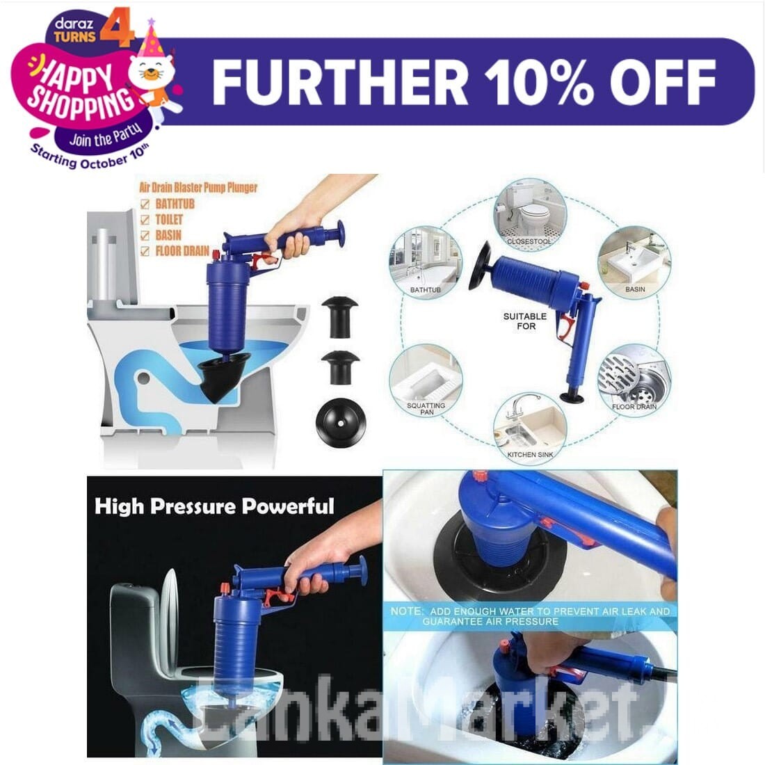 High Pressure Air Drain Blaster Pump Plunger (Toilet Plunger, Drain Clog Remover Tool)