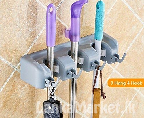 Broom organizer with Hanger & hooks / Mop Organizer with Hanger & hooks – 3 Slots & Hooks – Wall mounted