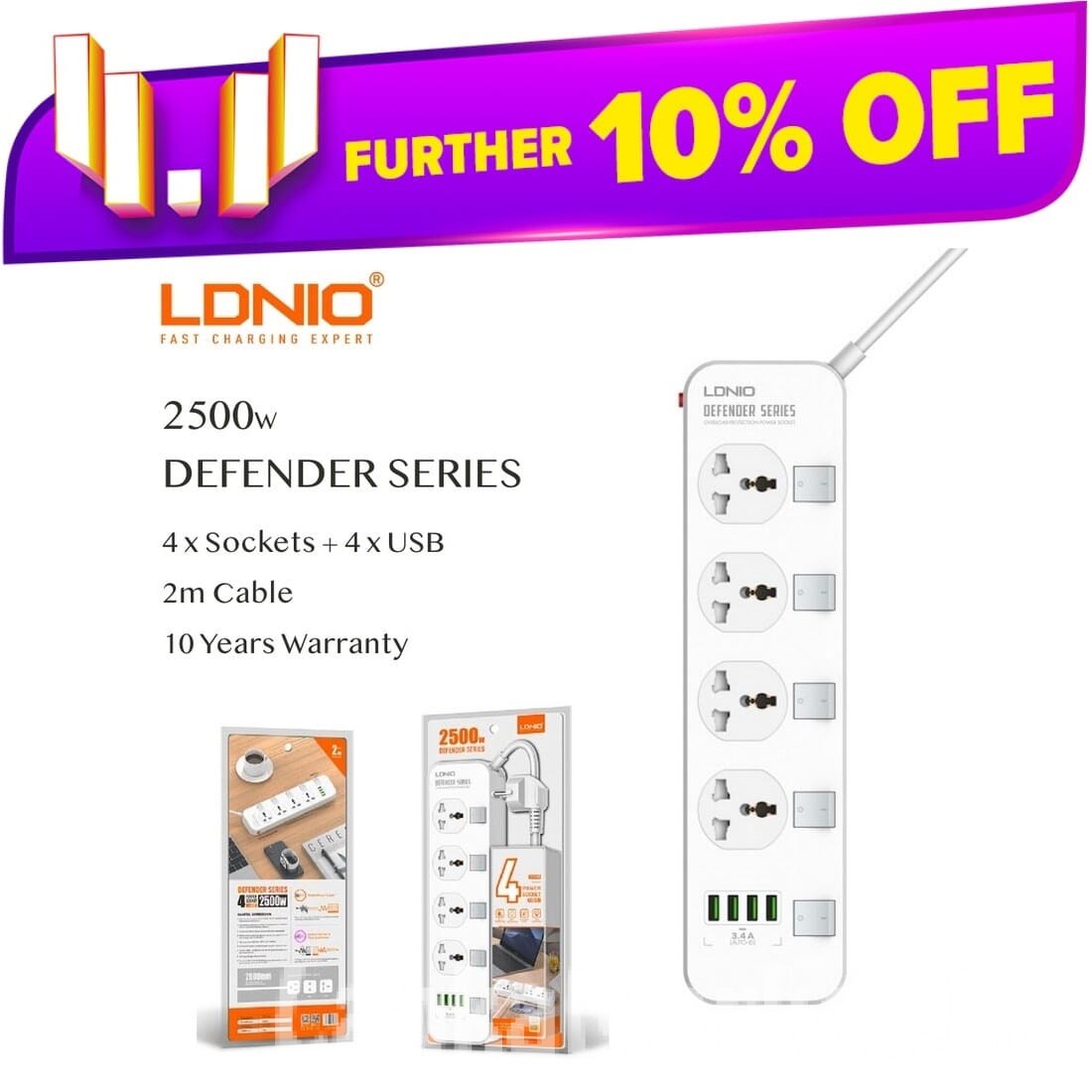 LDNIO Extension Power Cord / Power Socker / LDNIO SC4408/ 4 Power Socket With 4 USB Extension cord