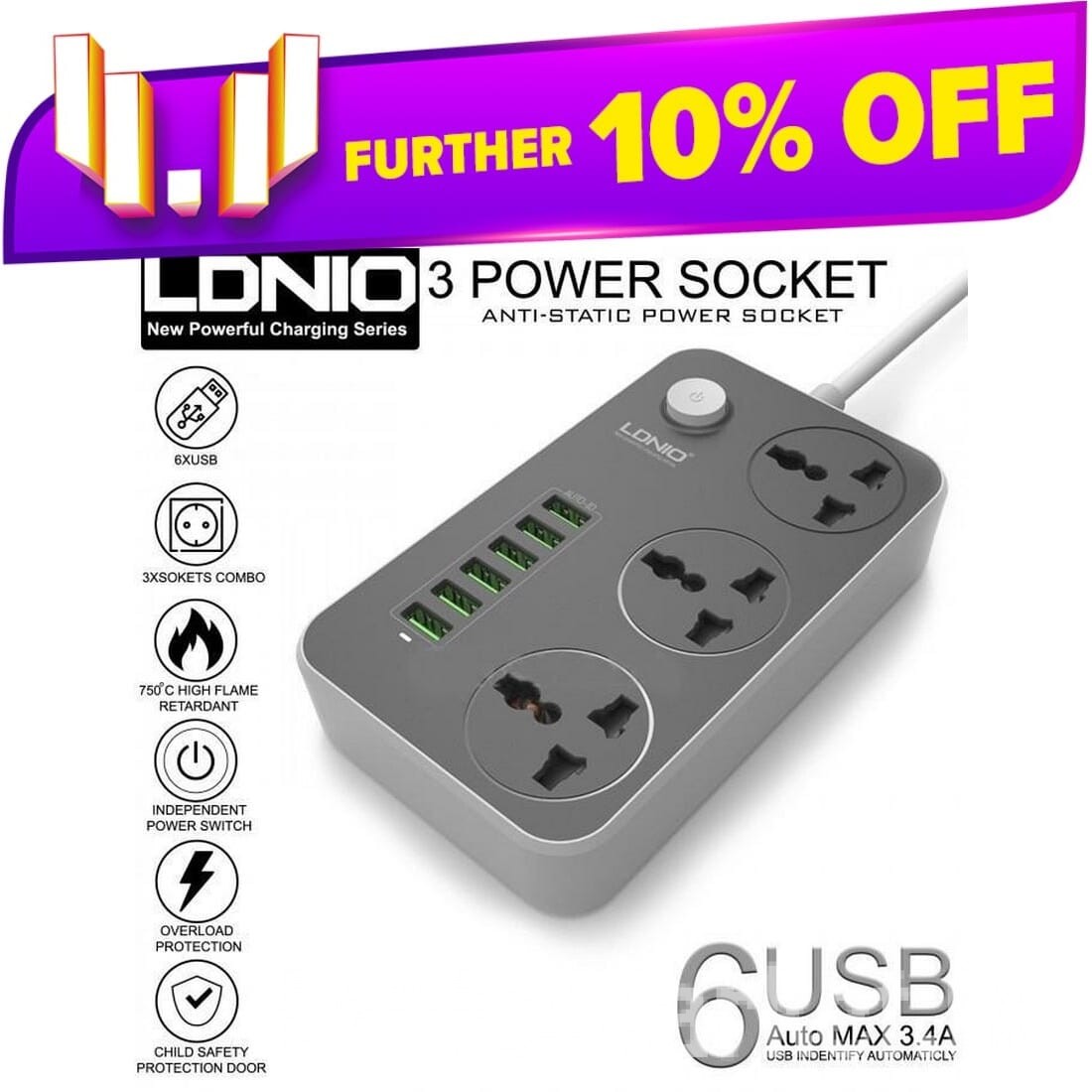 LDNIO 6 USB + 3 Socket Extension wire cord