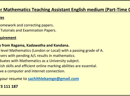 Vacancy for Mathematics Teaching Assistant English