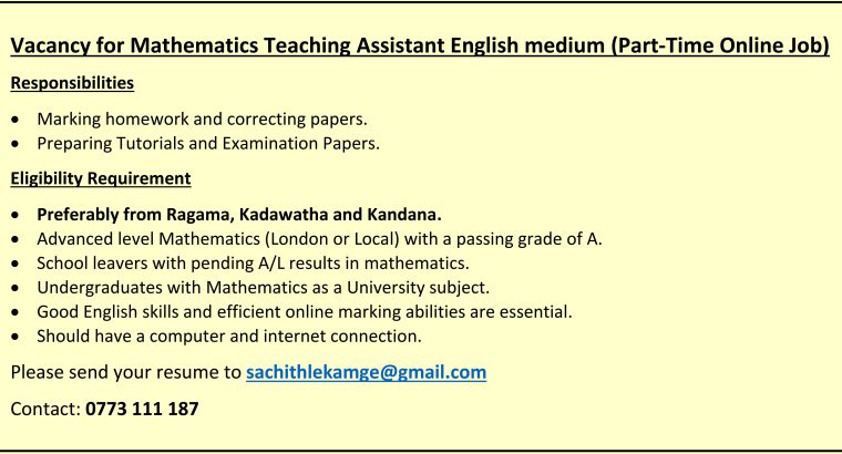 Vacancy for Mathematics Teaching Assistant English