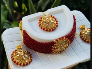 Handmade Red & Gold Beaded Necklace with Earrings