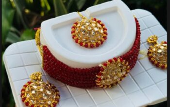Handmade Red & Gold Beaded Necklace with Earrings