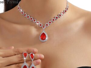 Handmade Red & Gold Beaded Necklace with Earrings